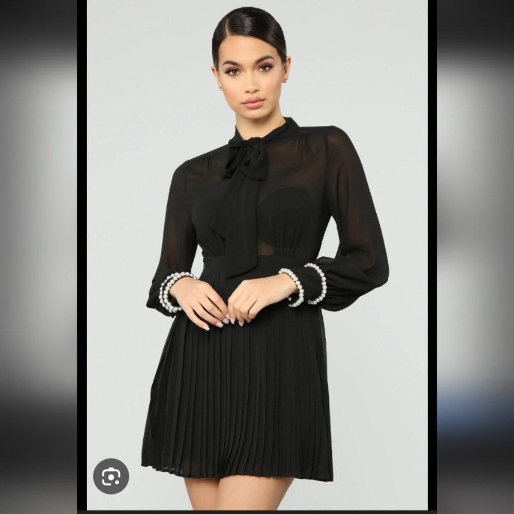 Black Pleated Long-Sleeve Tie-Neck Mini Dress with Pearl Cuffs